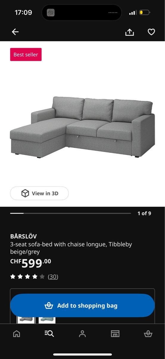 Ikea Divani: Grey 3-seat sofa-bed with chaise – Usato da Kloten venduto da kei_xcp5 2