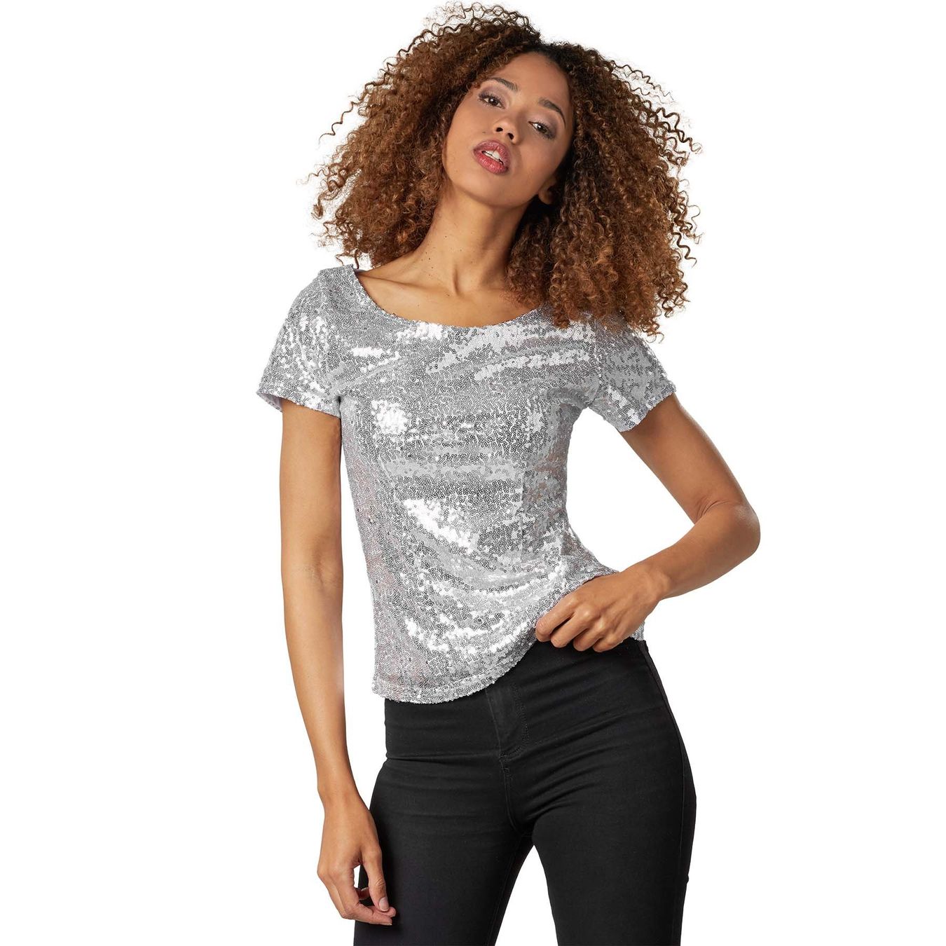 T-Shirts: Pailletten-Kurzarm-Shirt Silber L – Neu (gemäss Beschreibung) aus Murten von Roland.Kemmer.AG