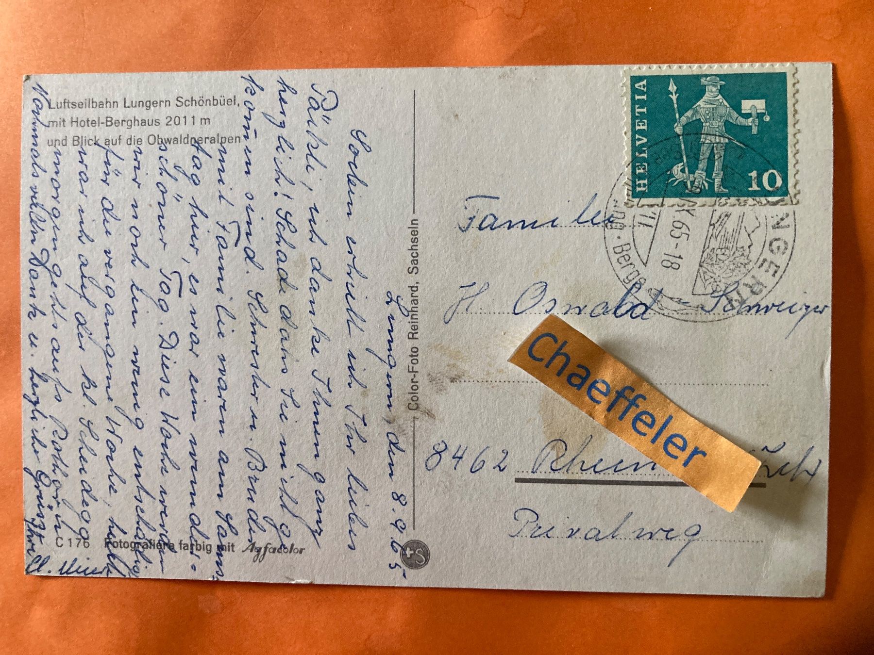 Cartoline postali: 1965 Luftseilbahn Lungern Schönbühl mit Hotel  Berghaus – Usato da Zürich venduto da Chaeffeler 1