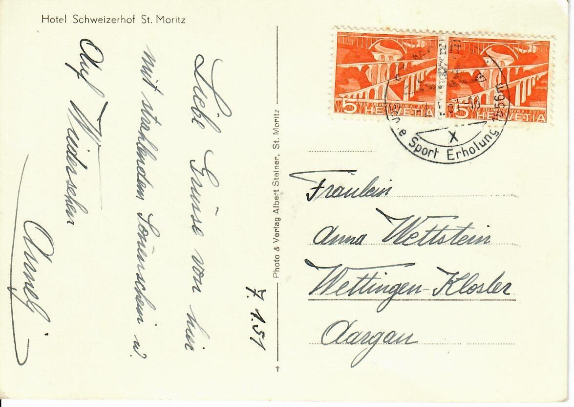 Cartoline postali: Hotel Schweizerhof St. Moritz 1951 – Usato da Hochdorf venduto da Ziegel-16 1