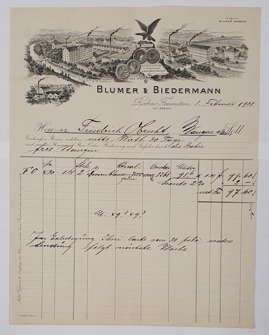 Grafica & Litografie: Rorbas -Freienstein 1908 Blumer & Biedermann Litho Briefkopf – Usato da Kreuzlingen venduto da Rschweiz1