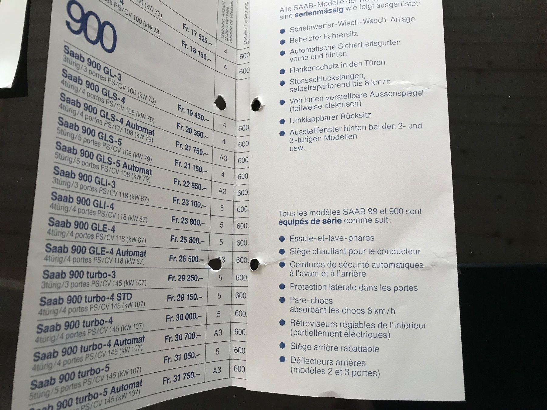 Saab Dokumente: Saab Prospekt und Preisliste – Gebraucht aus Balterswil von Jeko1967
