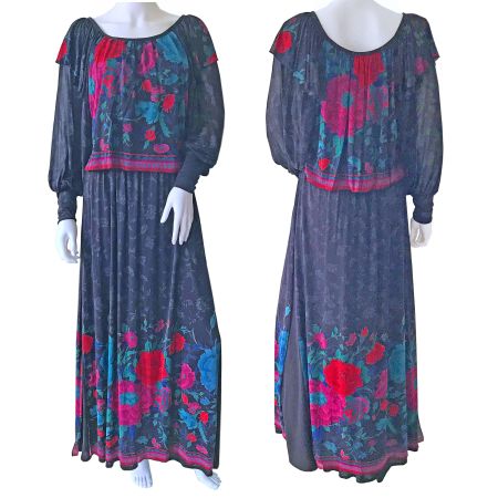 Kleid Gr. M lang Maxi Blumen George de Paris VINTAGE 1980s