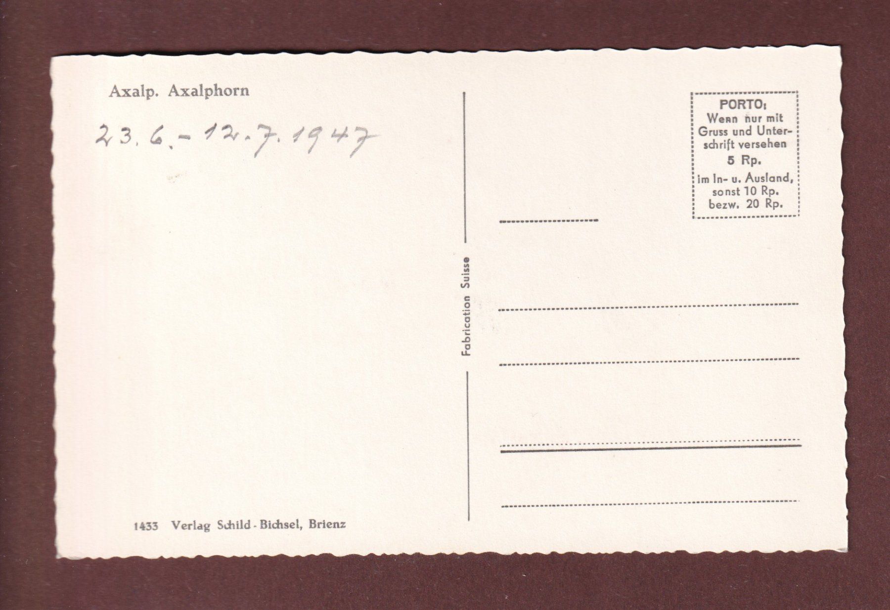 Ansichtskarten: AXALP - Axalphorn - 1947 – Gebraucht aus Pully von nicecards-shop 1