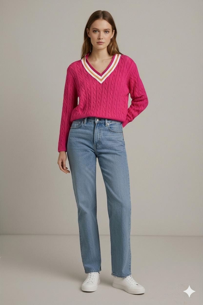 Maglioni & Felpe: Rosa Zopfstrick-Pullover mit V-Ausschnitt und weißem Besatz – Usato da Zug venduto da vinokilo