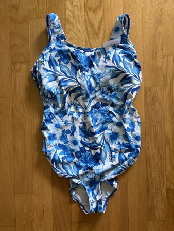 Umstands-Badeanzug Blumenmuster blau weiss Grösse 44/46