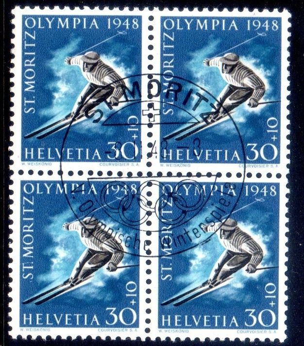 Alle Briefmarken: 1948 OLYMPISCHE WINTERSPIELE ST. MORITZ 4ERBLOCK GEST. -K533 – Gebraucht aus Losone von EM2019