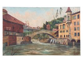BENIAMIN - Peinture huile sur toile "pont du Moulinet" Orbe