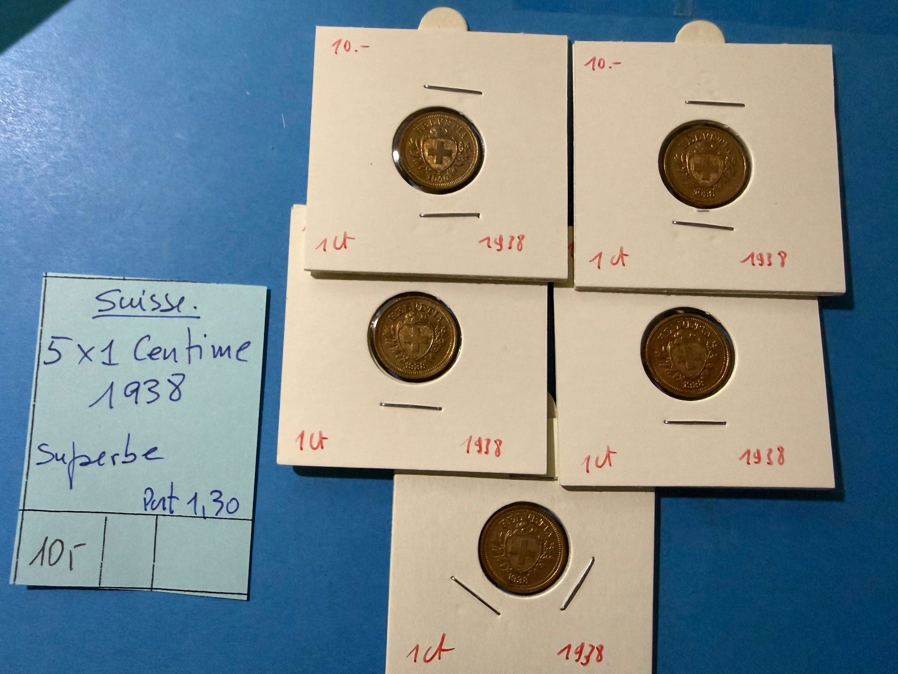 Tutti le monete: SUISSE : 5 X1 CENTIME 1938 - SUPERBE – Usato da genève venduto da GEnumist