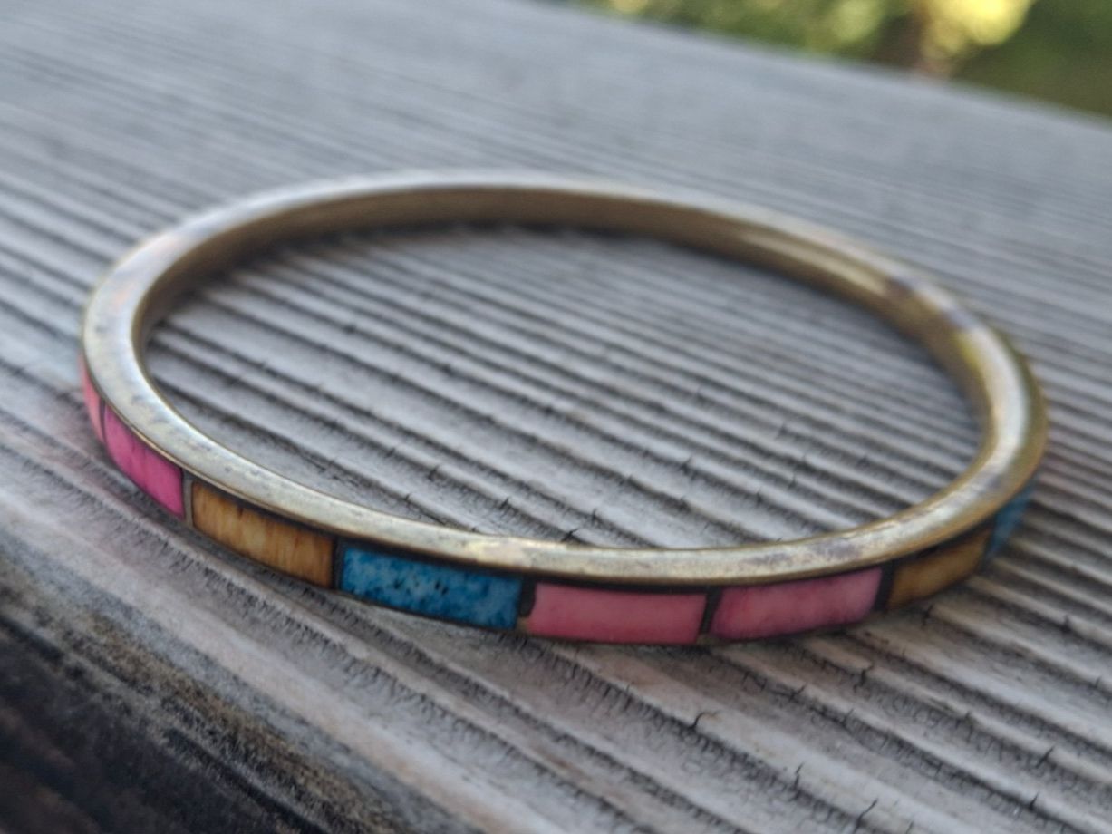 Bracciali & Braccialetti: Vintage Messing & Perlmut Armreif Chunky Bangle Gr. M-L – Usato da Münchenbuchsee venduto da babilibern 3
