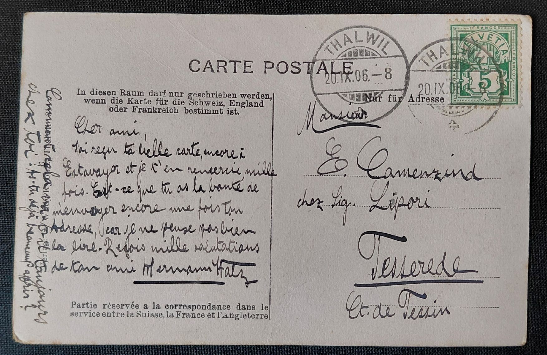 Cartoline postali: Antike Ansichtskarte Thalwil, gelaufen 1906 – Usato da Trogen venduto da Limboo 1