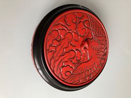 Antike Dose, Phönix Dekor, Rot Schwarz, Holzdose aus Edo Era