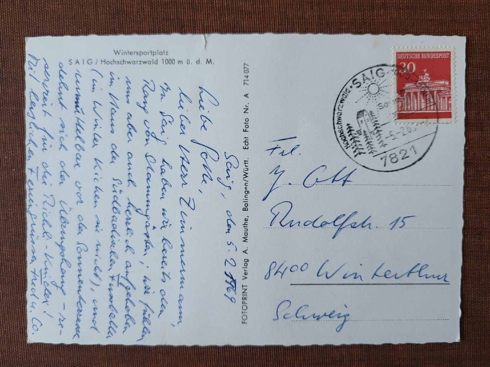 Alle Briefmarken: 1969, Postkarte von Saig nach Winterthur – Gebraucht aus stäfa von brandy66 1