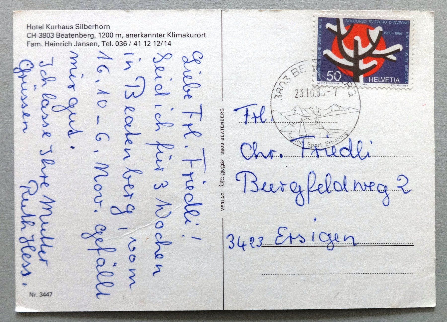 Cartes postales: Hotel Kurhaus Silberhorn, Beatenberg – D'occasion à Fétigny par Billy2miny 1