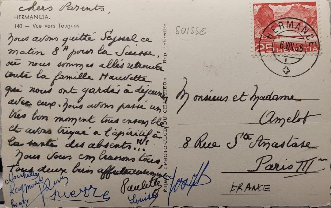 Cartoline postali: HERMANCE - Vue vers Tougues - 1956 – Usato da Delémont venduto da Domdom1 1