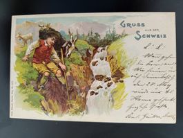 Gruss aus der Schweiz mit Ziegenmotiv und Wasser dat 1906?
