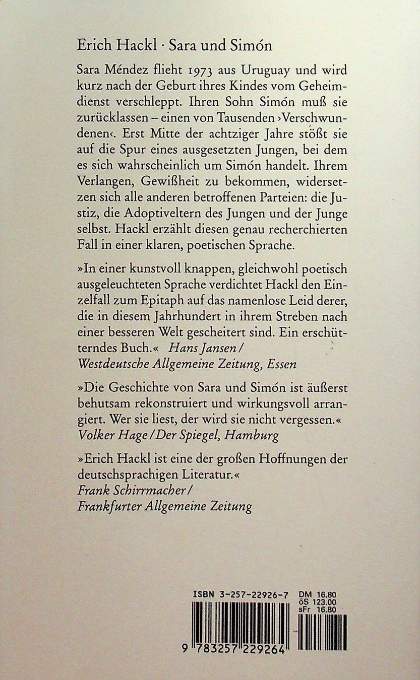 Livres: Erich Hackl  Sara Und Simon TB  Diogenes EA 1997 – D'occasion à Reitnau par Zaomir 1