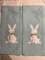2x Easter Bunny Tea Towels Embroidered Blue Spring Decoratio