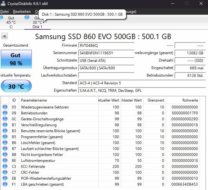Samsung Harddisks: SSD Samsung 500 GB – Gebraucht aus Willisau von aronet 1