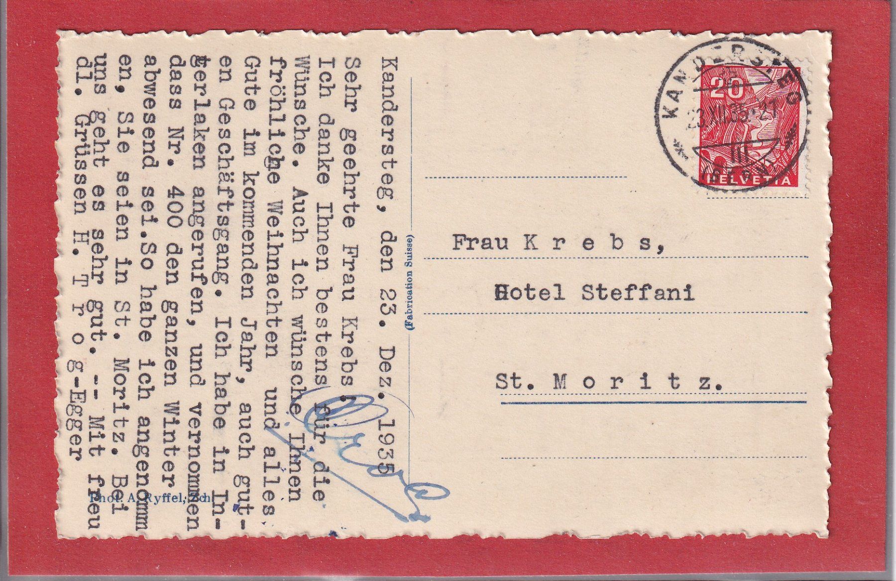 Cartoline postali: Hôtel Schweizerhof - Kandersteg - 1935 – Usato da Orvin venduto da Pyaeschli 1