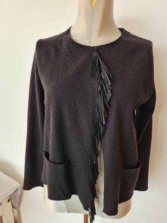 Gilet noir franges cuir Majestic Filatures T2 laine et coton