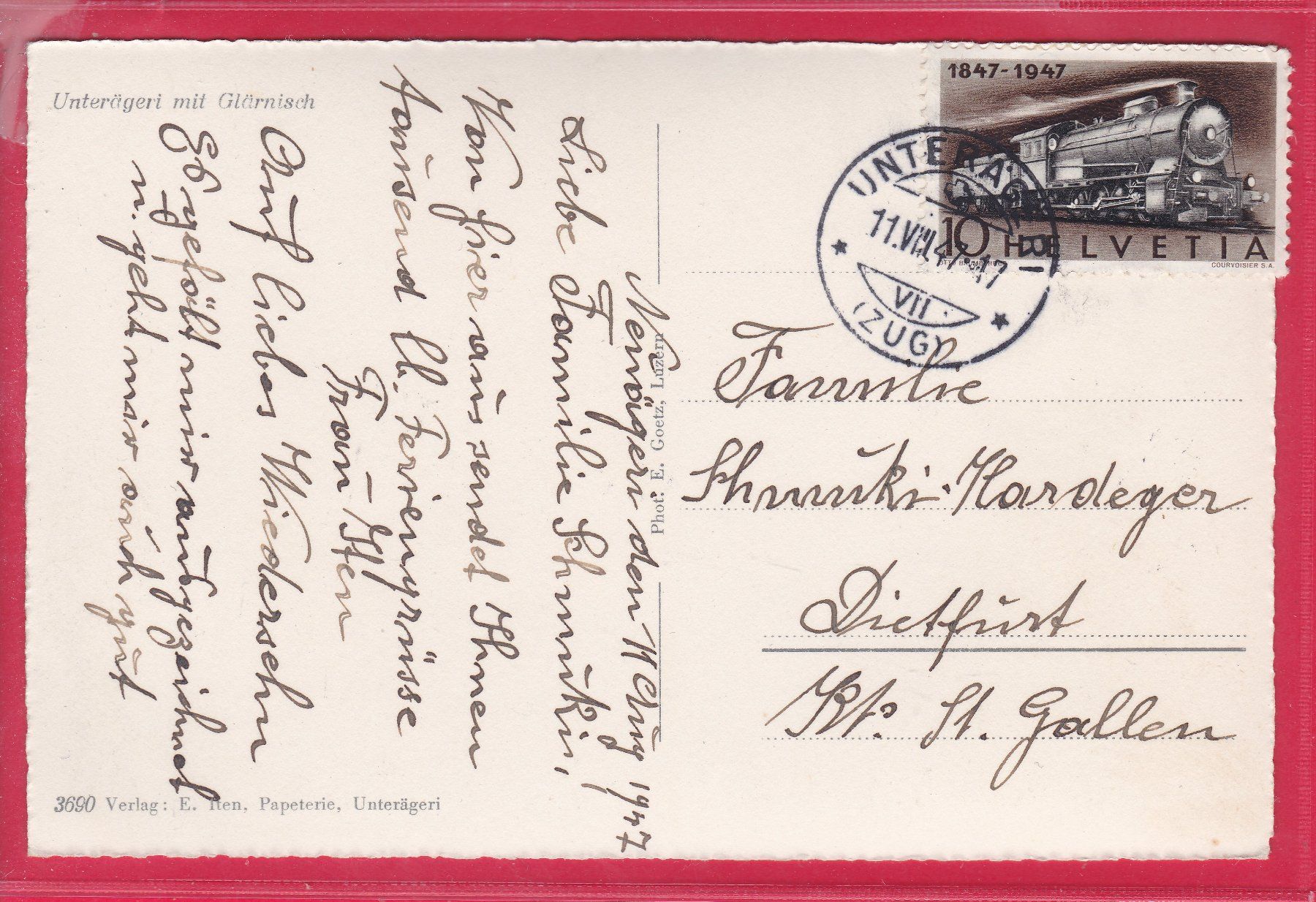 Cartoline postali: UNTERÄGERI MIT GLÄRNISCH, 11.8.1947 – Usato da Oberrieden venduto da Gebirgsstelze 1