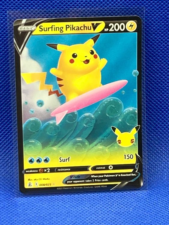 Pokémon Celebrations Surfing Pikachu V, 25Th Anniversary Full Art Rare Holo + Surprise Card!