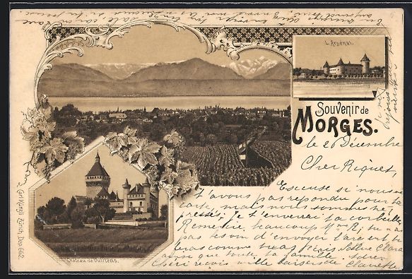 Cartoline postali: Litho Morges, Totalansicht mit Alpen, l' – Usato da Berlin venduto da bartko-reher