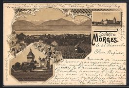 Litho Morges, Totalansicht mit Alpen, l'