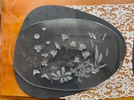 Glasplatte mit Blumenmuster Servierplatte oval mit Griffen