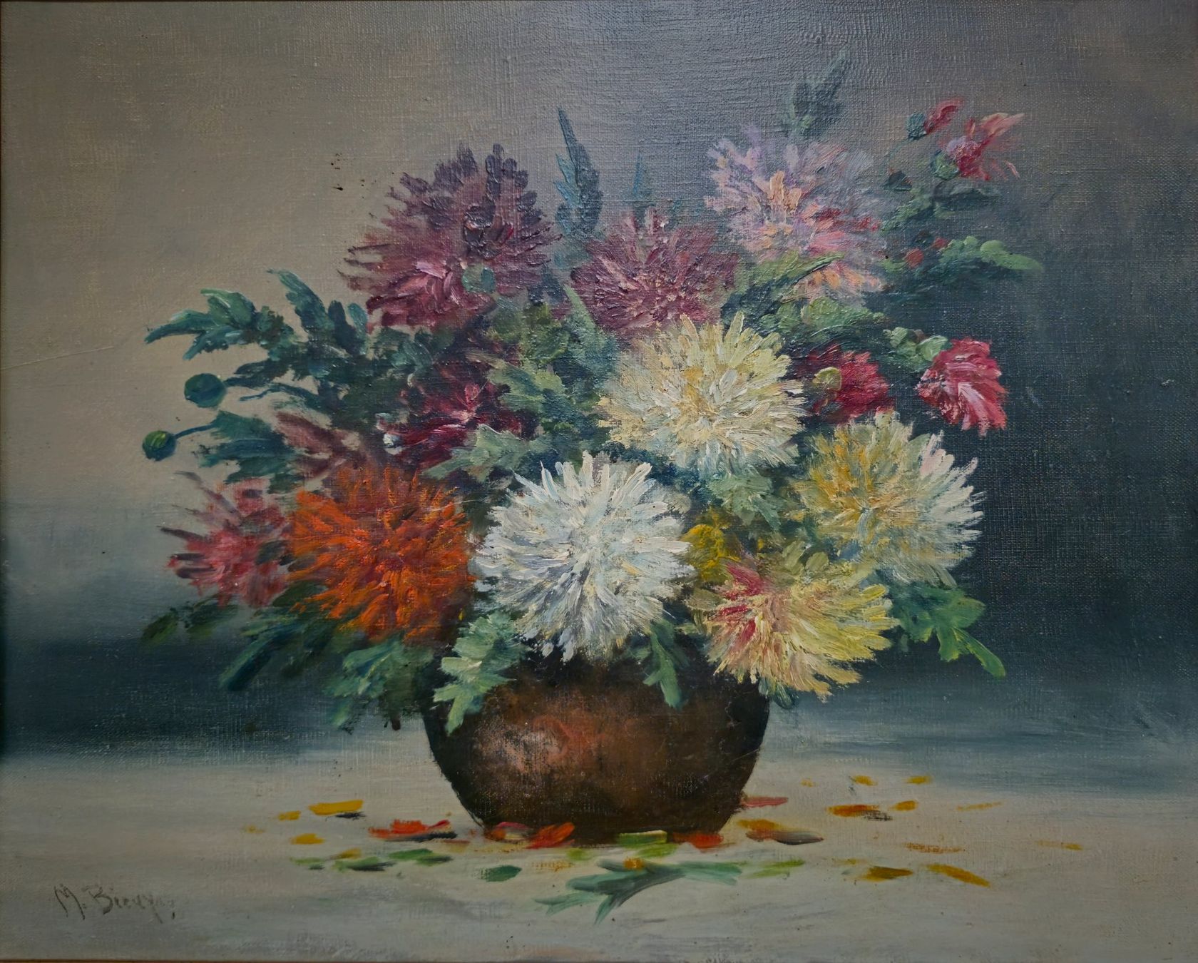 Gemälde: Antikes Chrysanthemen-Stillleben Ölbild, signiert – Gebraucht aus Bern von Djenestra 1