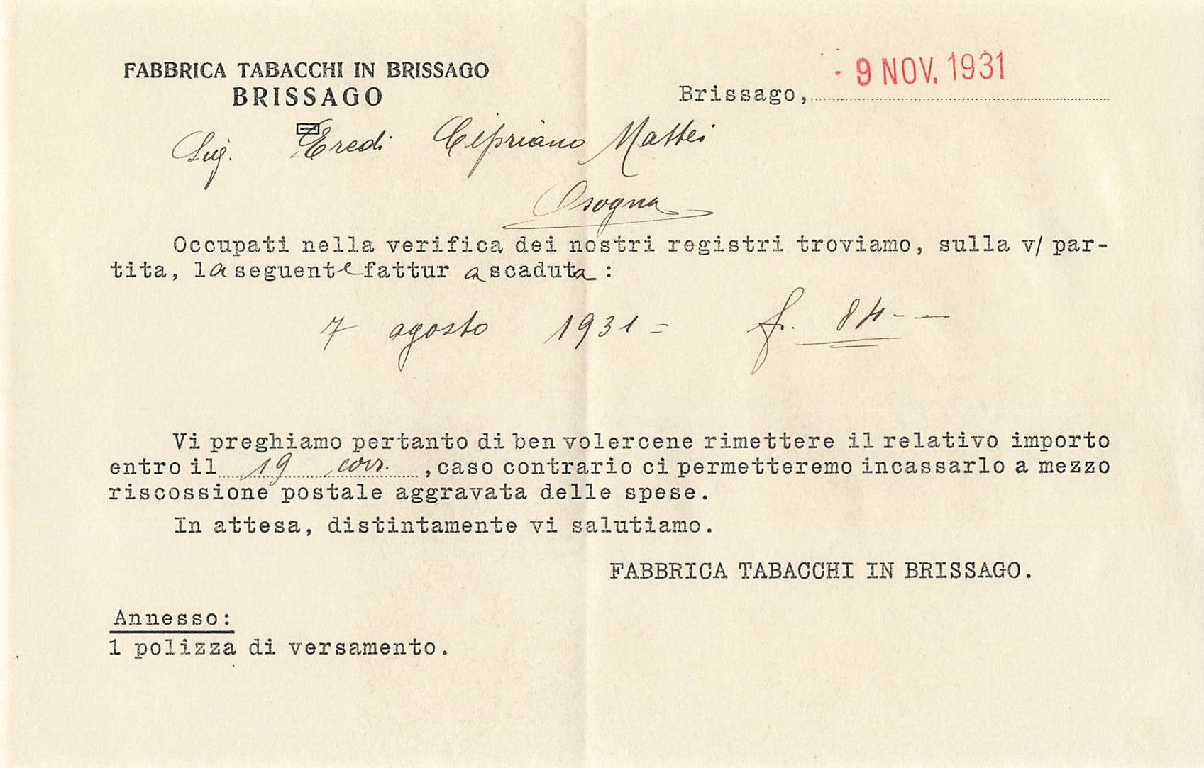 Ansichtskarten: Fabbrica tabacchi Brissago Kambiale cheques – Gebraucht aus Biasca von Blenio71