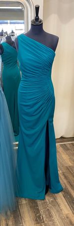 Abendkleid petrolgrün Schulter Falten viSchlitz Grösse 36