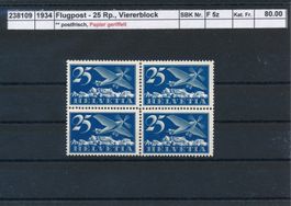 1934 Flugpost - 25 Rp., Viererblock geriffelt,  **postfrisch