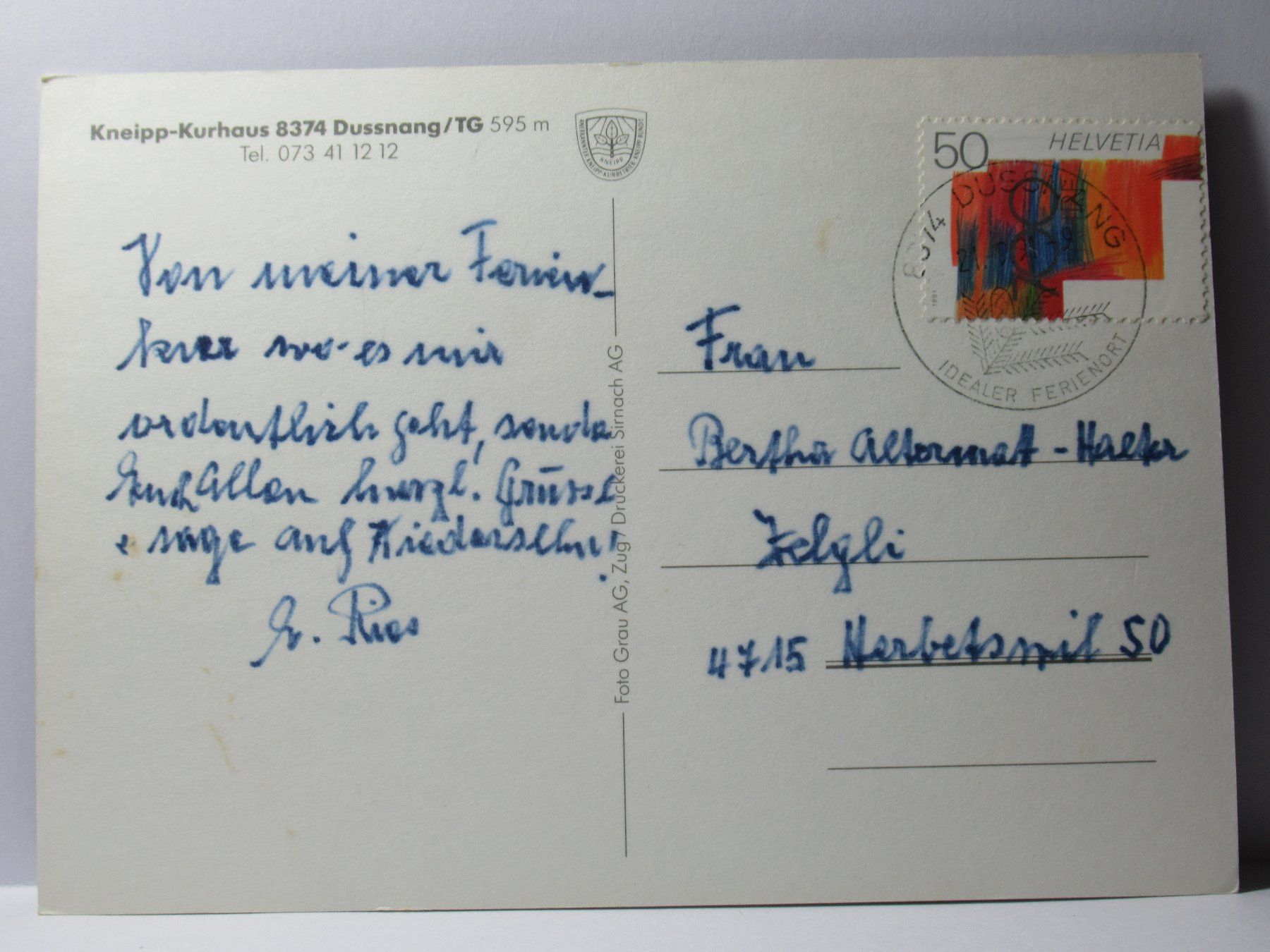Cartoline postali: Kneipp - Kurhaus , Dussnang 1991 – Usato da Grenchen venduto da Bluemchen1900 1