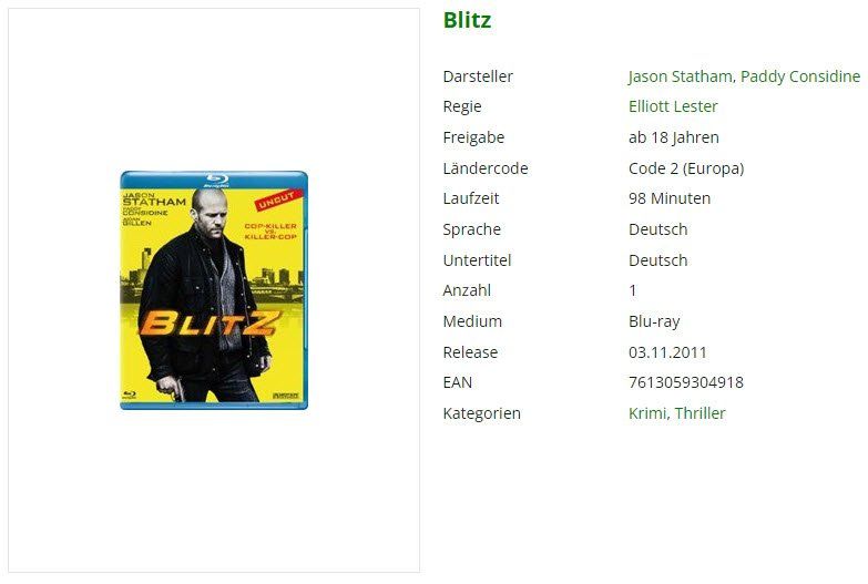 Tutti i DVDs: Blitz (Bluray) – Usato da Emmetten venduto da SVollenweider