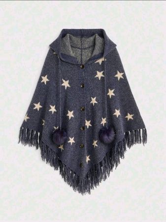 NEU - Capemantel - L - Boho Strick-Poncho mit Kapuze