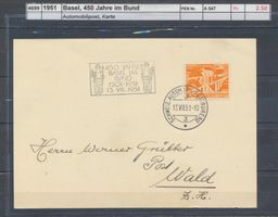 1951 Basel, "450 Jahre im Bund", Automobilpost, Karte