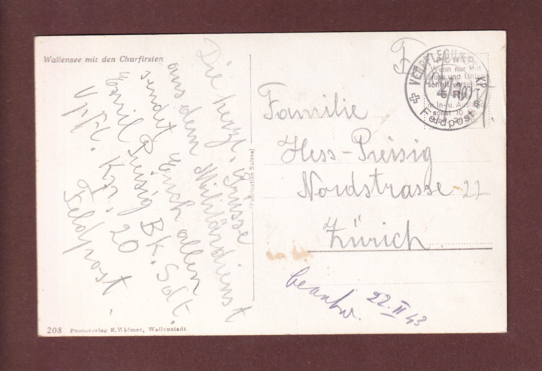Cartes postales: Walensee - CHURFIRSTEN - Feldpost – D'occasion à Pully par nicecards-shop 1