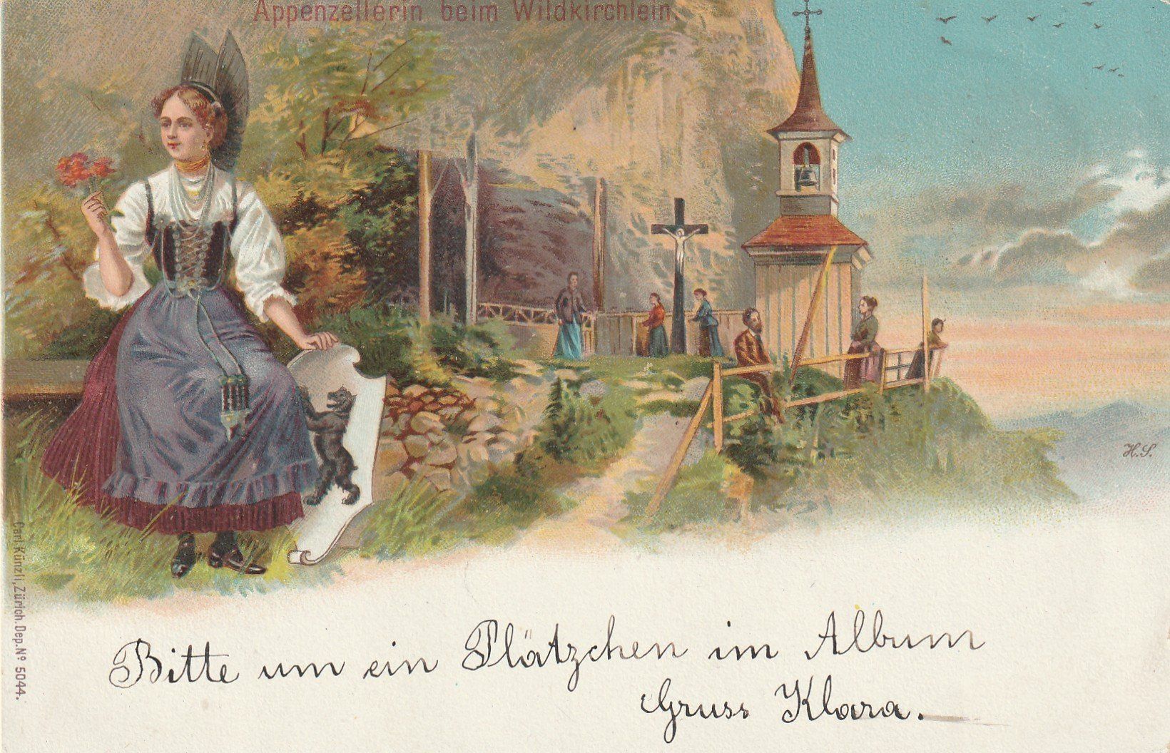 Ansichtskarten: Wildkirchli mit Trachtenfrau Litho – Gebraucht aus Rorschacherberg von fratovi2