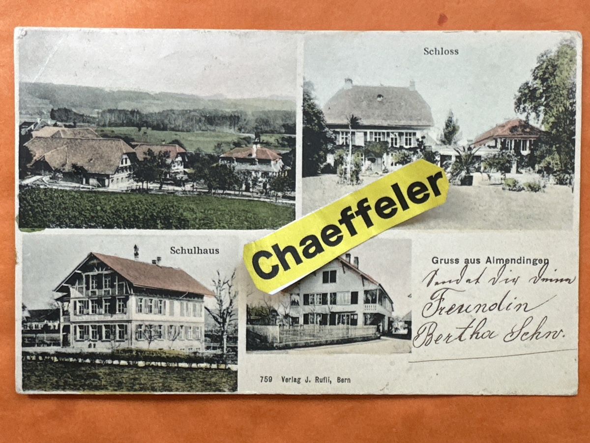 Cartoline postali: antike Ansichtskarte 1908 Gruss aus Allmendingen b. Rubigen – Usato da Zürich venduto da Chaeffeler