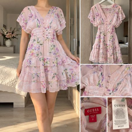 GUESS Damen Kleid Gr. S – Rosa Blumenprint – Volants