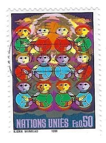 Tutti i francobolli: Timbre ONU "Harmonie des races" 1988 – Usato da Les Breuleux venduto da Jboju