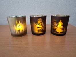 3 Teelichthalter Waldmotiv Glas