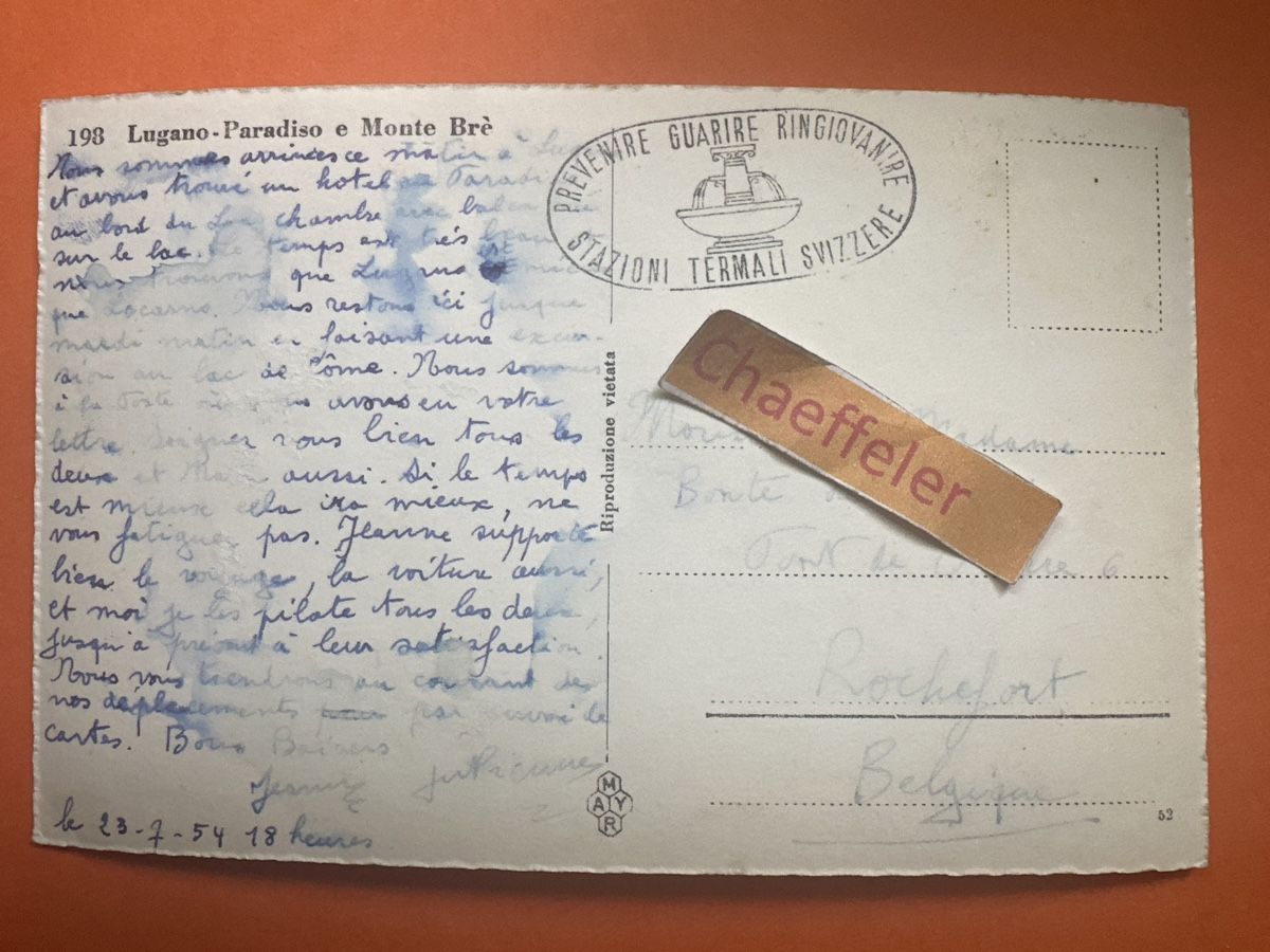 Cartoline postali: 1954 198 Lugano – Paradiso e Monte Bré – Usato da Zürich venduto da Chaeffeler 1