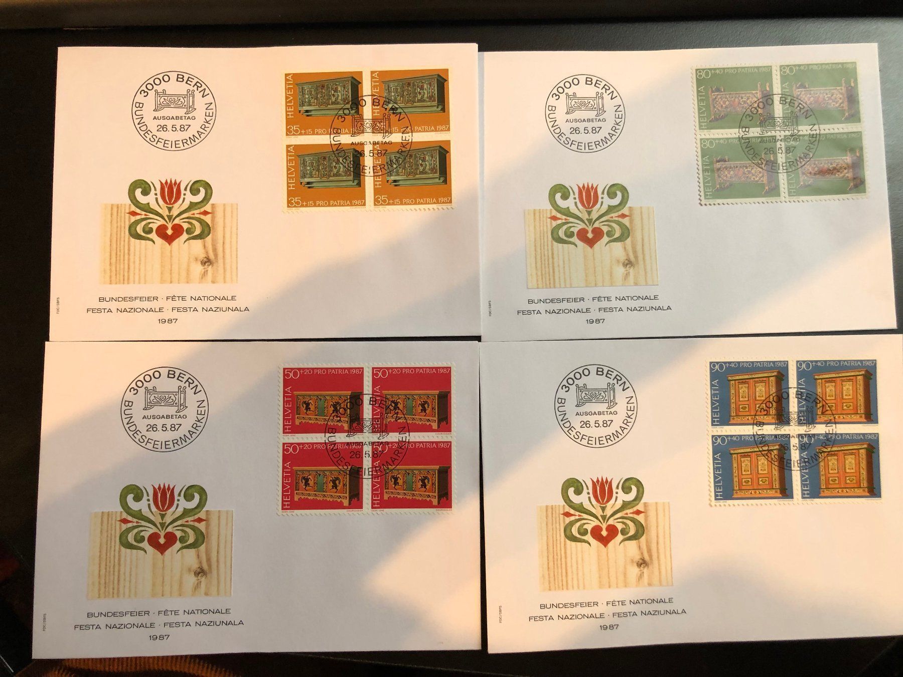 Tutti i francobolli: 4 FDC blocs de 4 Pro Patria 1987 – Usato da Charmey (Gruyère) venduto da Rolando6