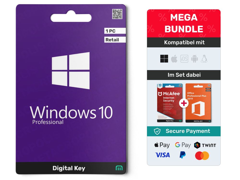 Win 10 Pro + Office Pro Plus 19 + McAfee Internet Security (Gebraucht ...