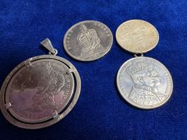Schmuckset Münzanhänger und 3 Münzen Silber guter Zustand