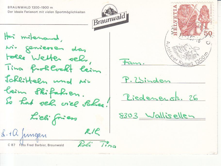 Cartoline postali: Braunwald 1987 – Usato da Bürglen TG venduto da StampGraf 1