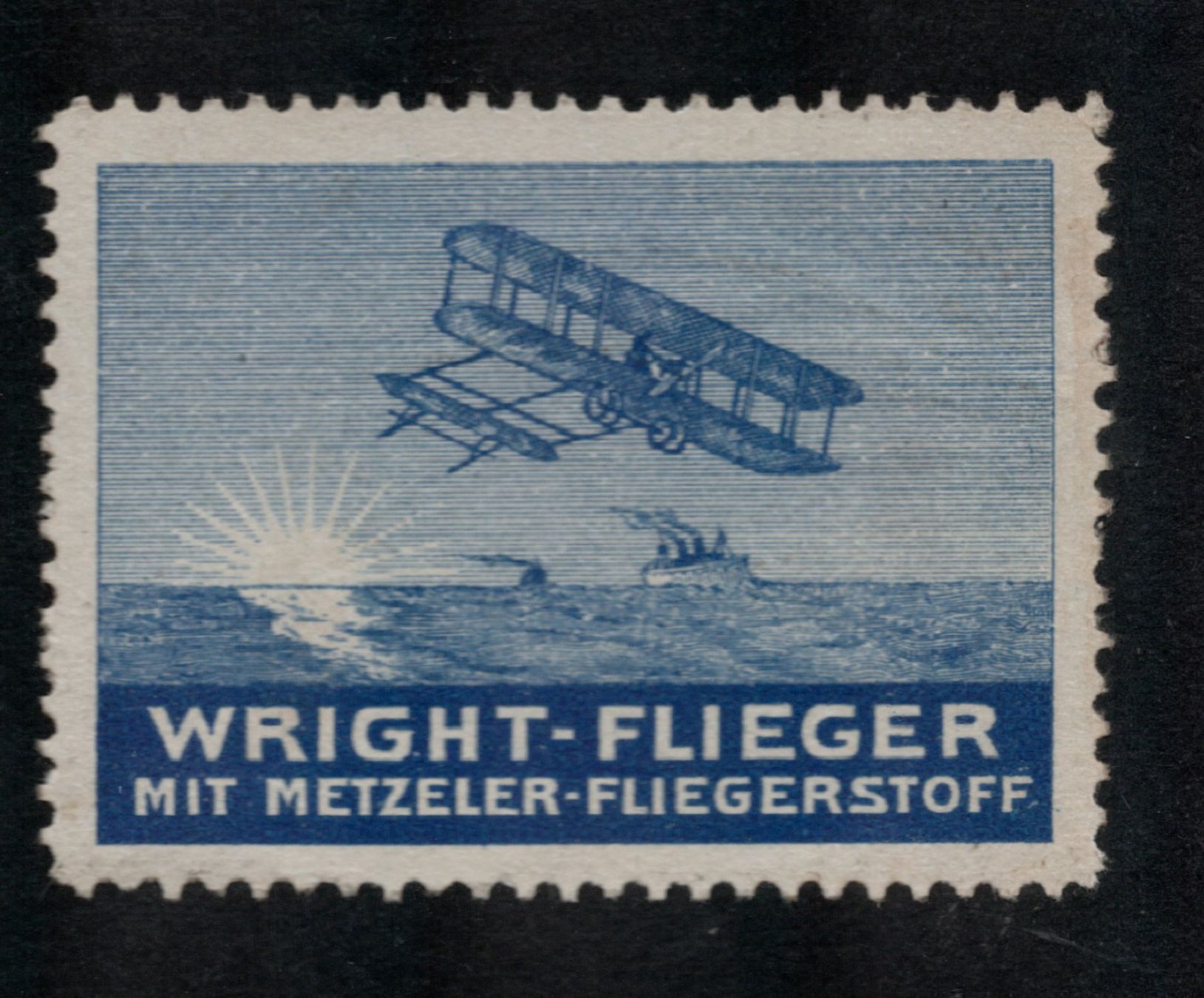 Alle Briefmarken: Metzeler Fliegerstoff  Wright-Flieger in Blau. – Gebraucht aus Uesslingen von WHALESTAMPS